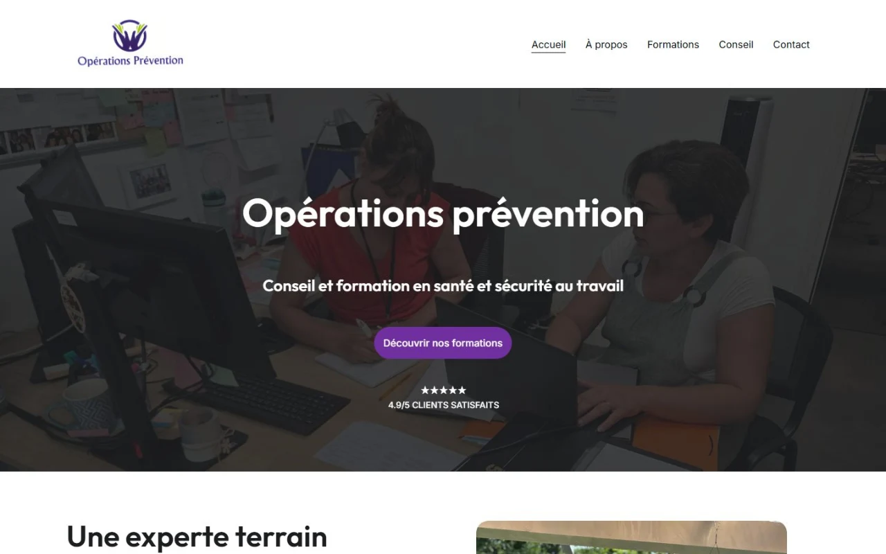 Page d’accueil du site operations-prevention.fr, réalisé pour Opérations Prévention — conseil et formation en santé-sécurité au travail