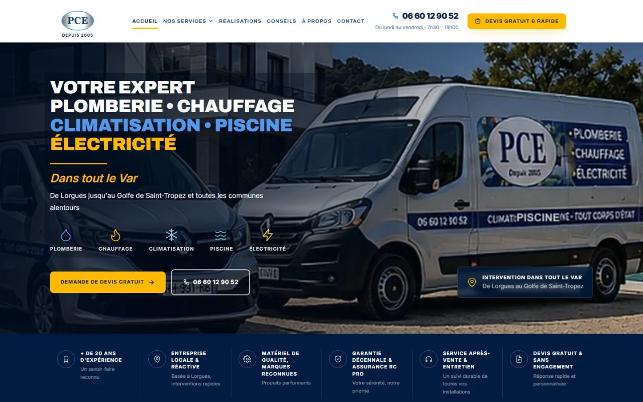 Page d’accueil du site pcevar.fr, réalisé pour PCE — plomberie, chauffage, climatisation, électricité et piscine dans le Var